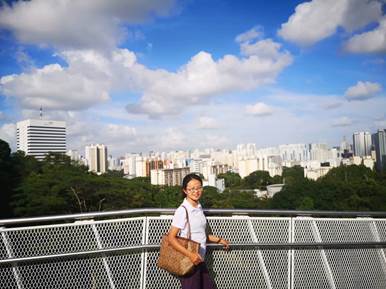 说明: A person standing on a fence with a city in the backgroundDescription automatically generated with low confidence